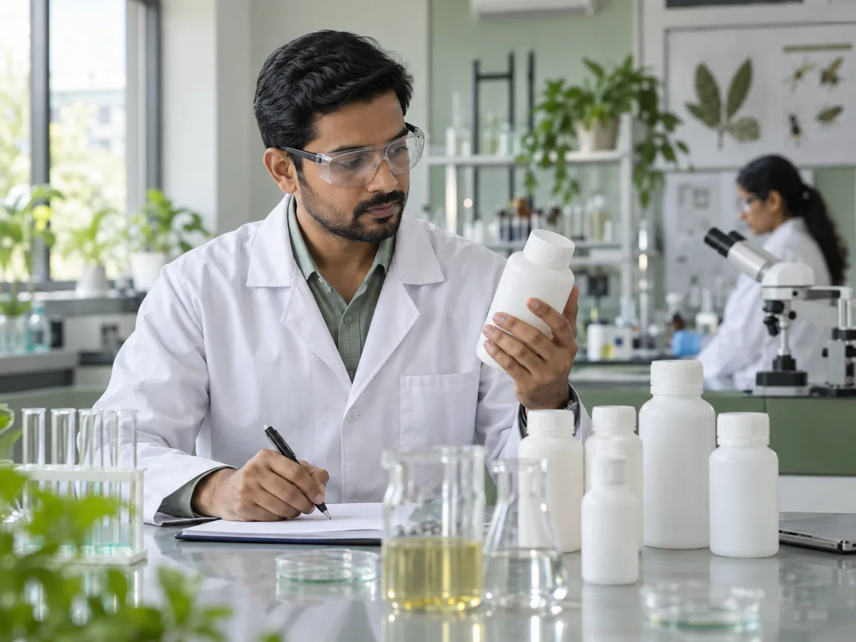 Scientist examining an unlabeled bottle in a laboratory