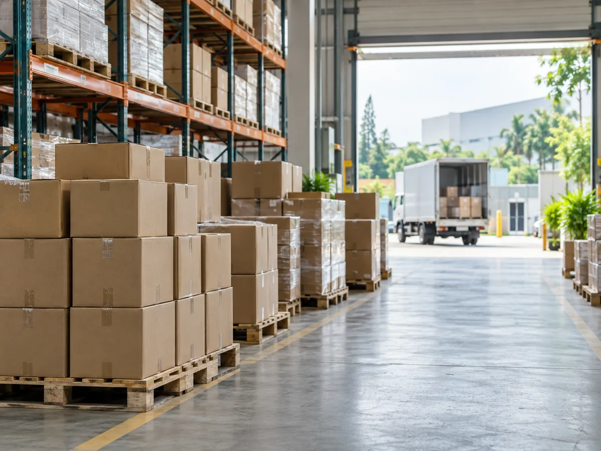 Unbranded cartons in a warehouse with a delivery truck at the loading bay