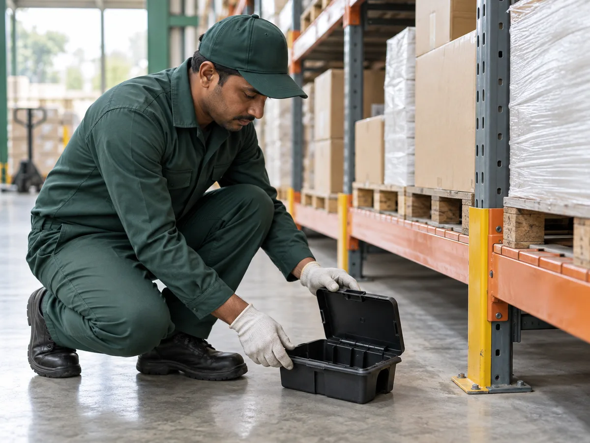 Pest-management professional examining an open rodent bait station in a warehouse